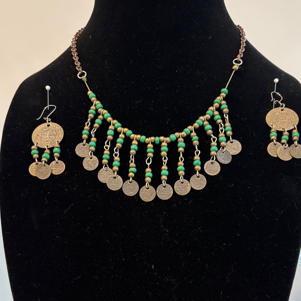 Vintage Green and Gold Coin Necklace and Earring Set
